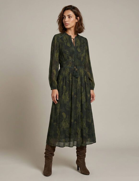 Mandarin Collar Printed Crepon Shift Dress