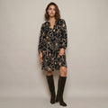 7/8 Sleeve Floral Print Short Dress - Black & Caramel
