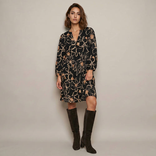 7/8 Sleeve Floral Print Short Dress - Black & Caramel